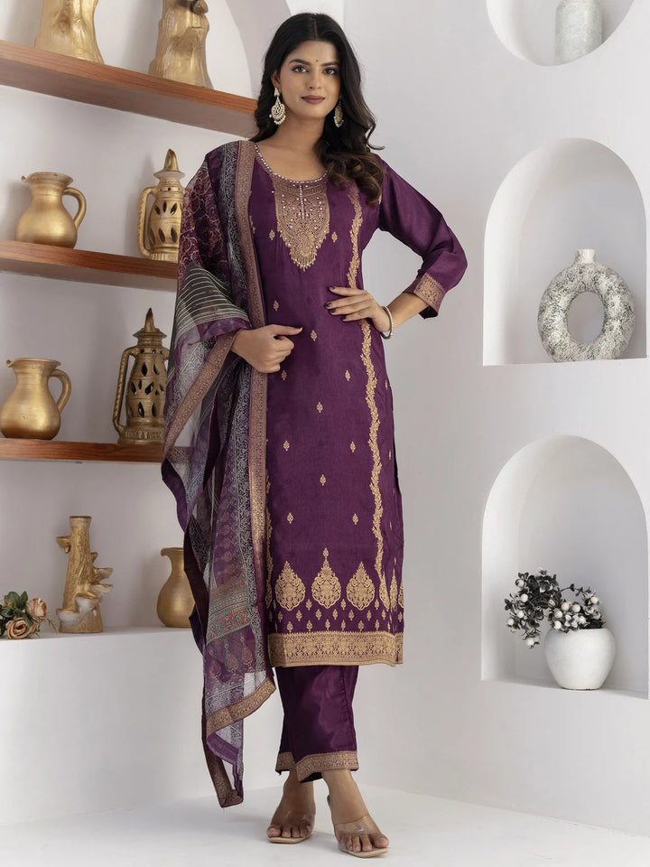 Royal Purple Suit Set with Printed Organza Dupatta