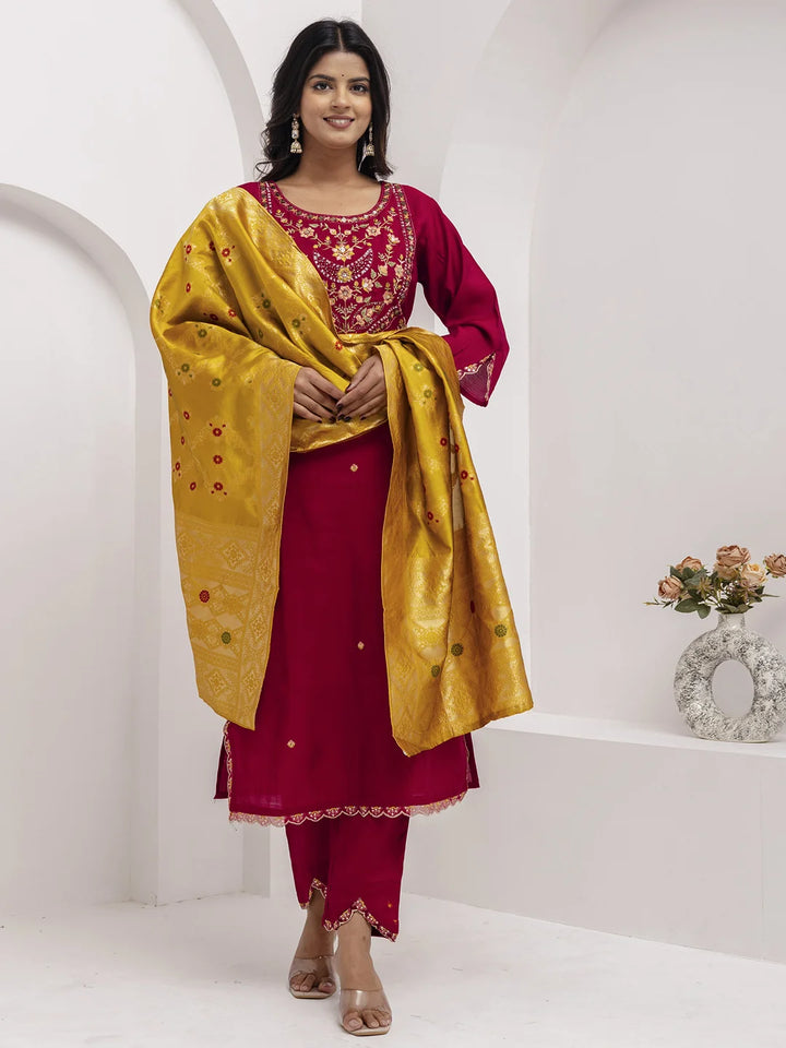 Elegance in Maroon: Viscose Silk Salwar Kameez with Hand Work
