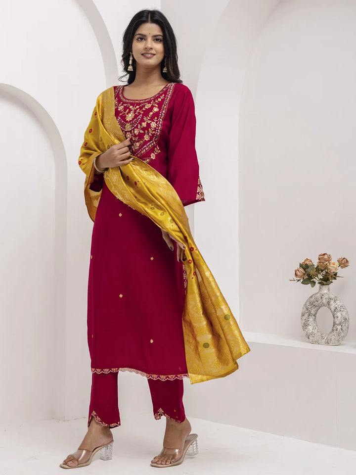Elegance in Maroon: Viscose Silk Salwar Kameez with Hand Work