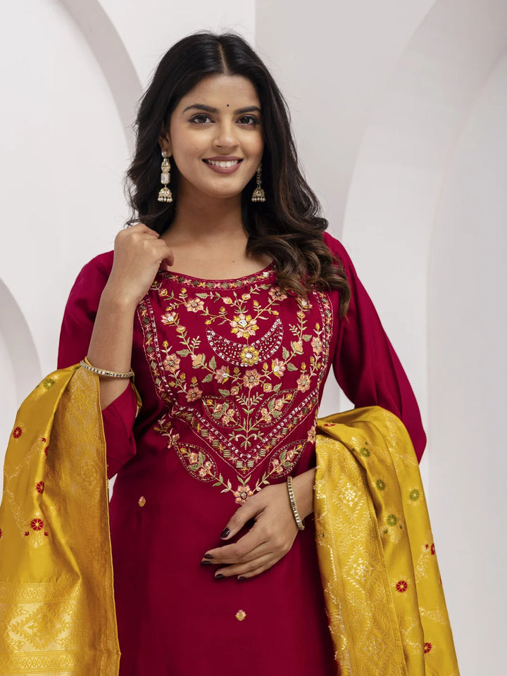 Elegance in Maroon: Viscose Silk Salwar Kameez with Hand Work