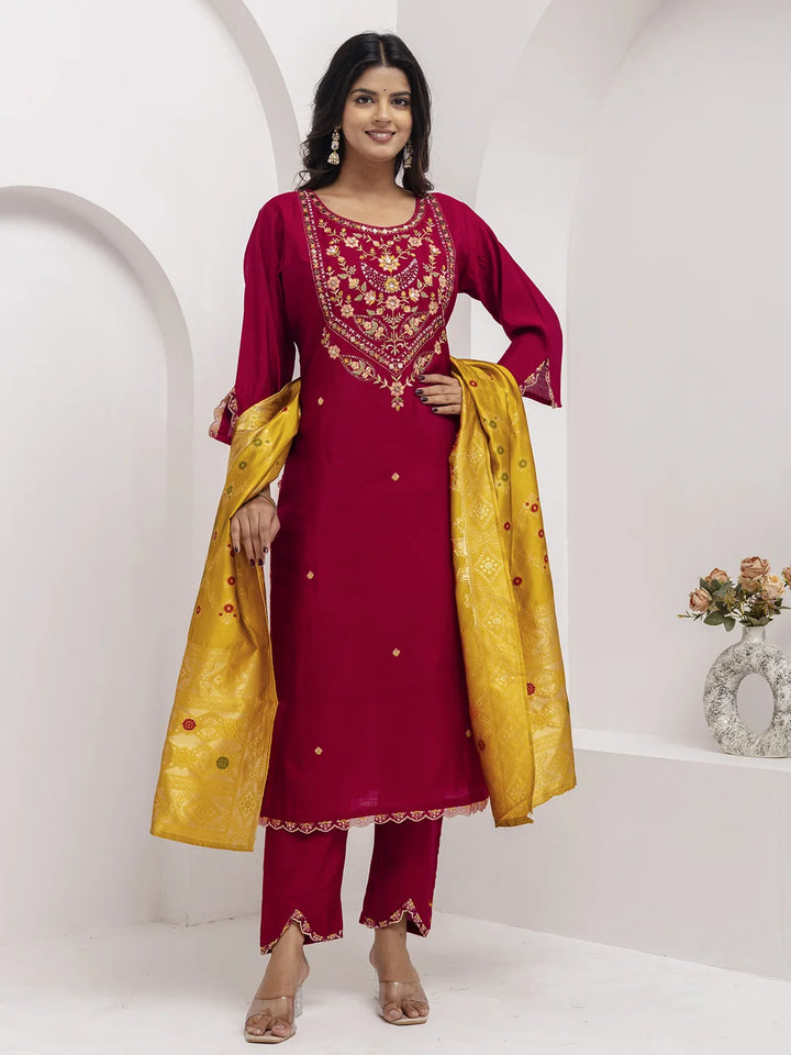 Elegance in Maroon: Viscose Silk Salwar Kameez with Hand Work