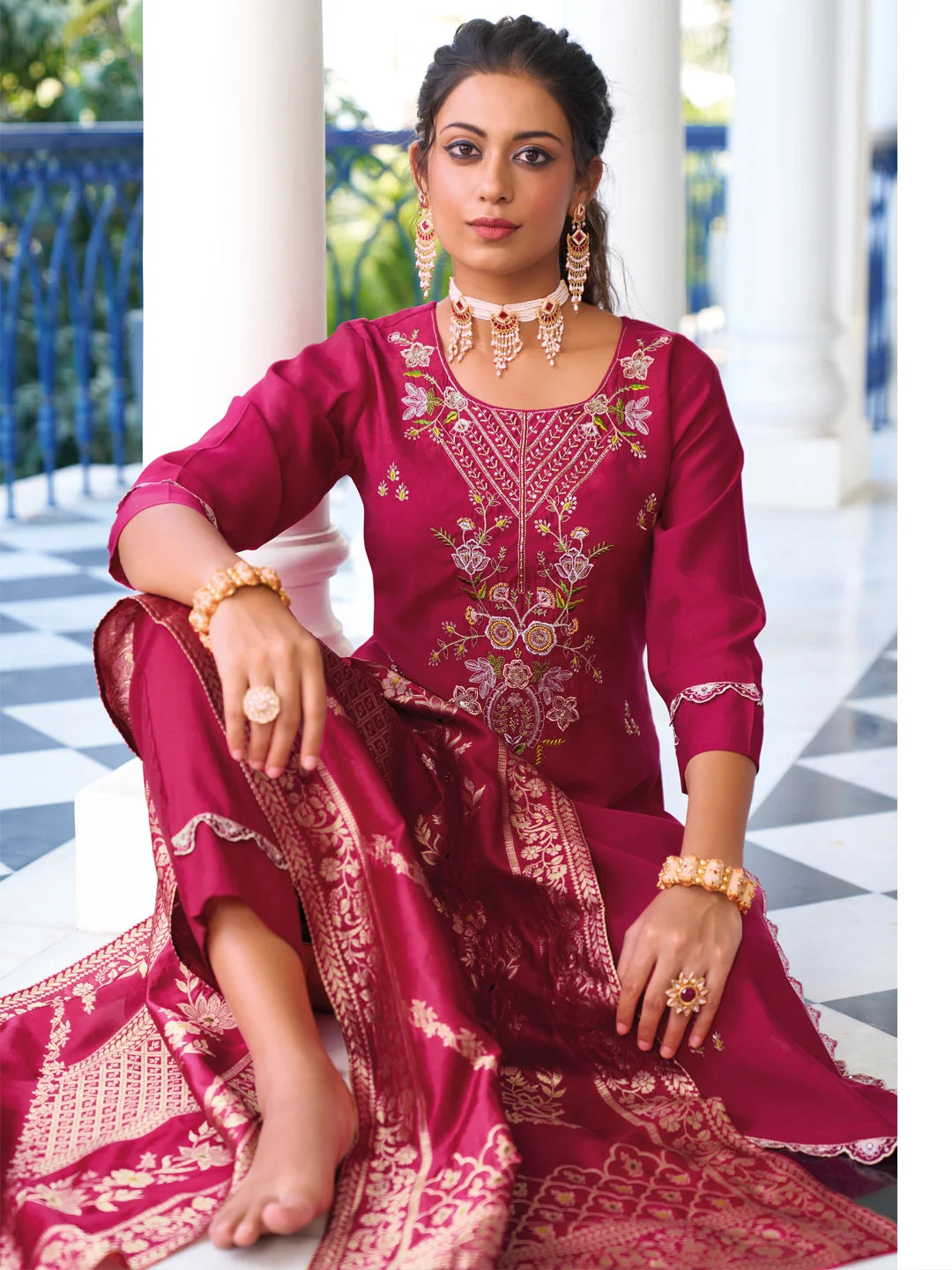 Graceful Blush Pink Designer Salwar Kameez with Jacquard Silk Dupatta