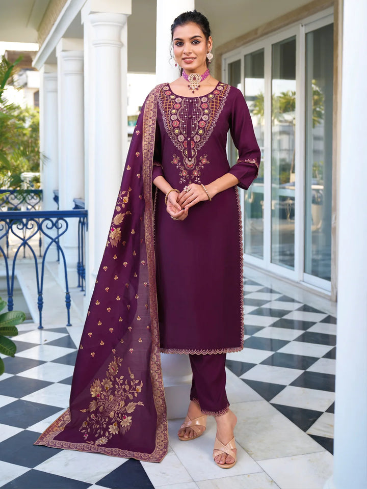Chic Dusty Purple Viscose Silk Salwar Kameez with Jacquard Dupatta