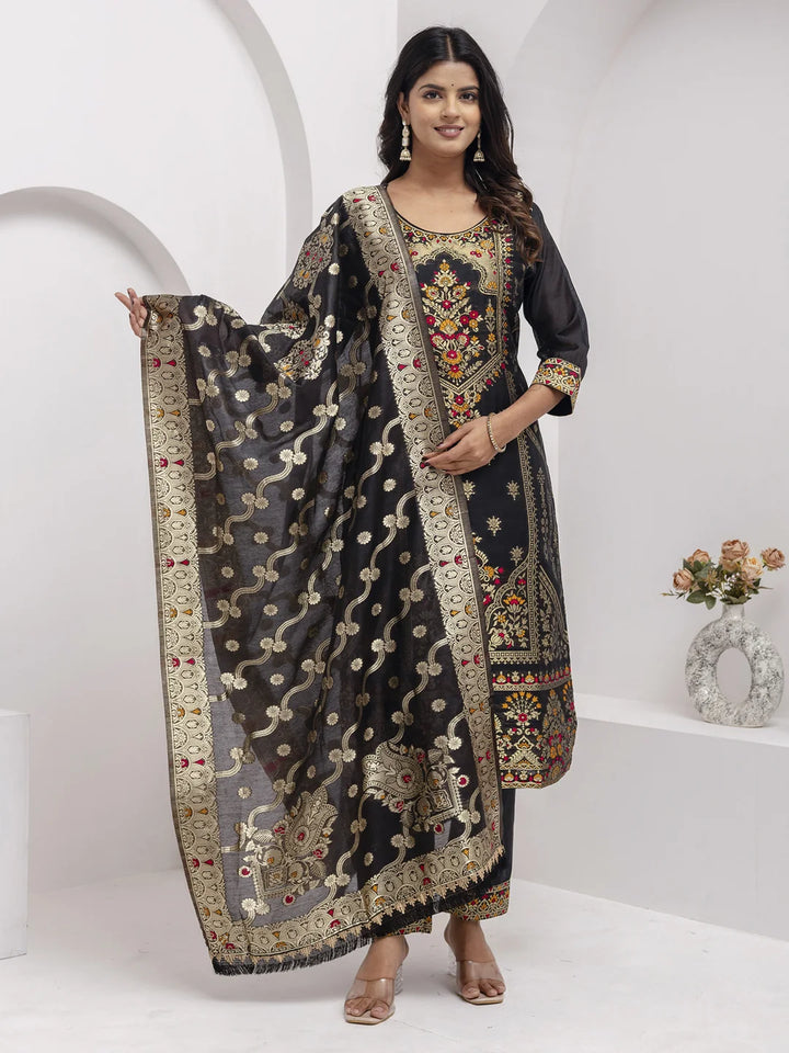 Exquisite Black Jacquard Silk Kameez with Hand Work and Dupatta