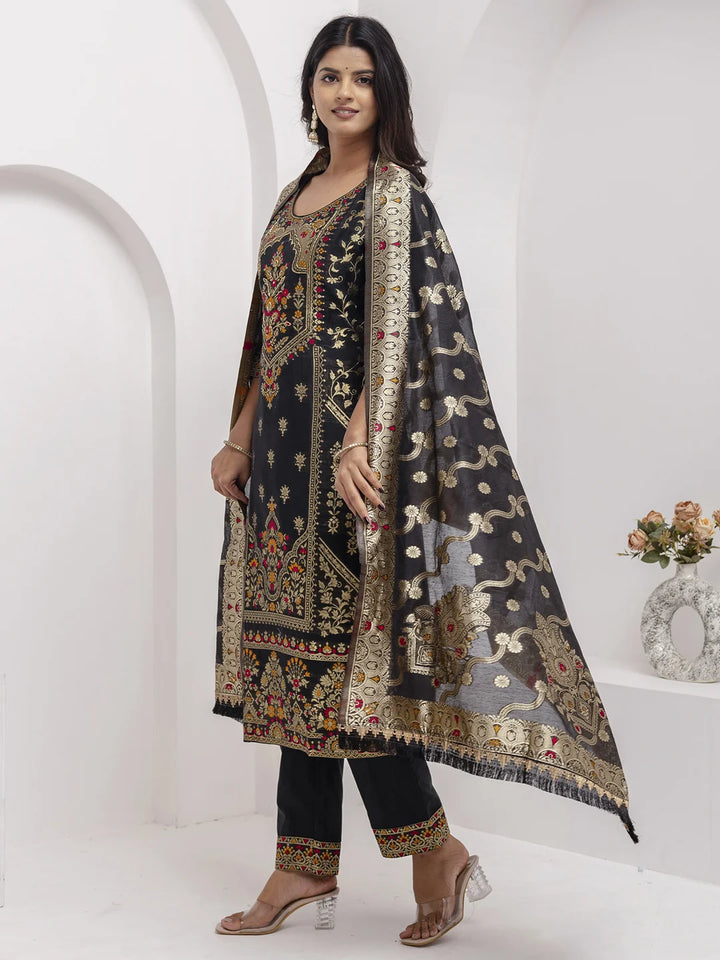 Exquisite Black Jacquard Silk Kameez with Hand Work and Dupatta