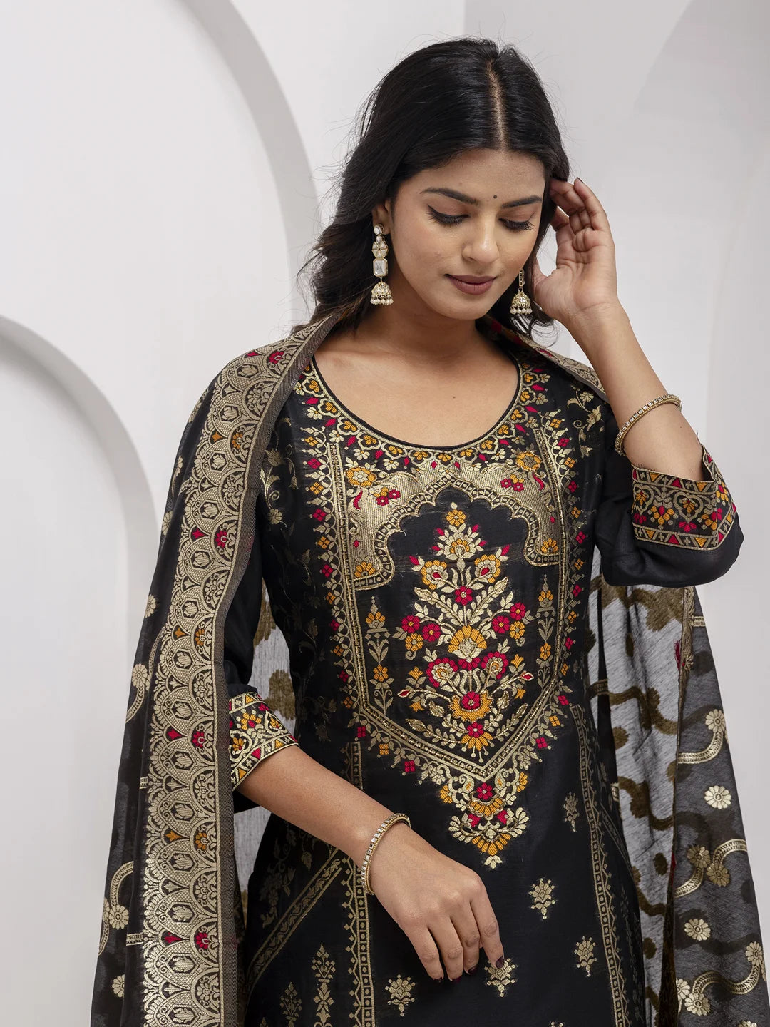 Exquisite Black Jacquard Silk Kameez with Hand Work and Dupatta