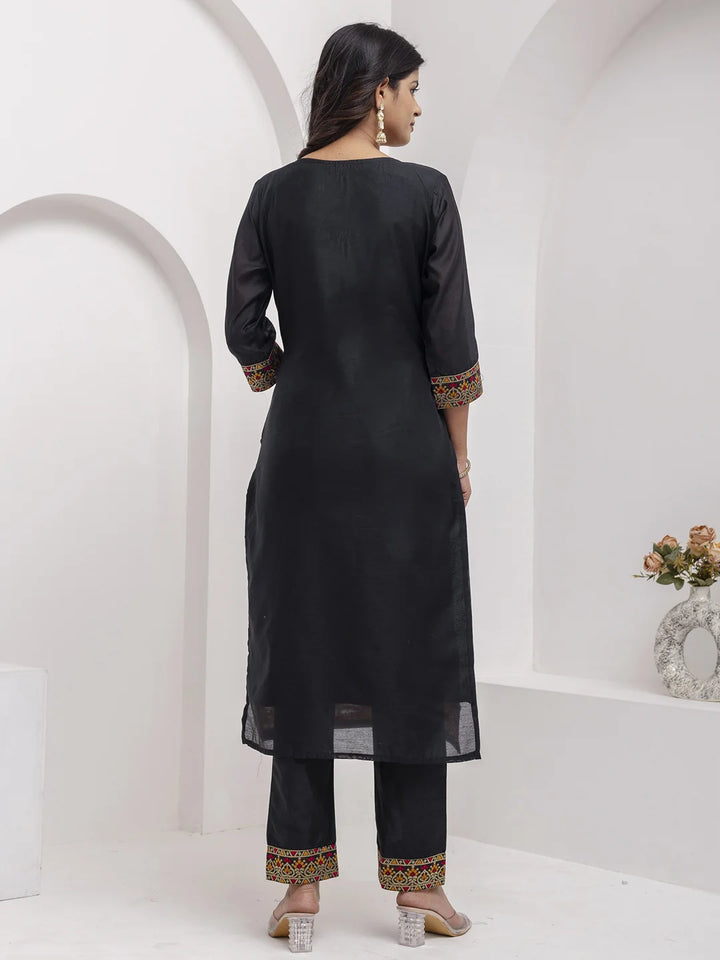 Exquisite Black Jacquard Silk Kameez with Hand Work and Dupatta