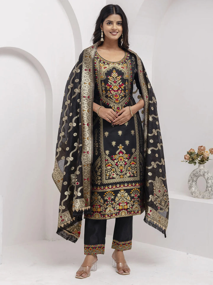 Exquisite Black Jacquard Silk Kameez with Hand Work and Dupatta