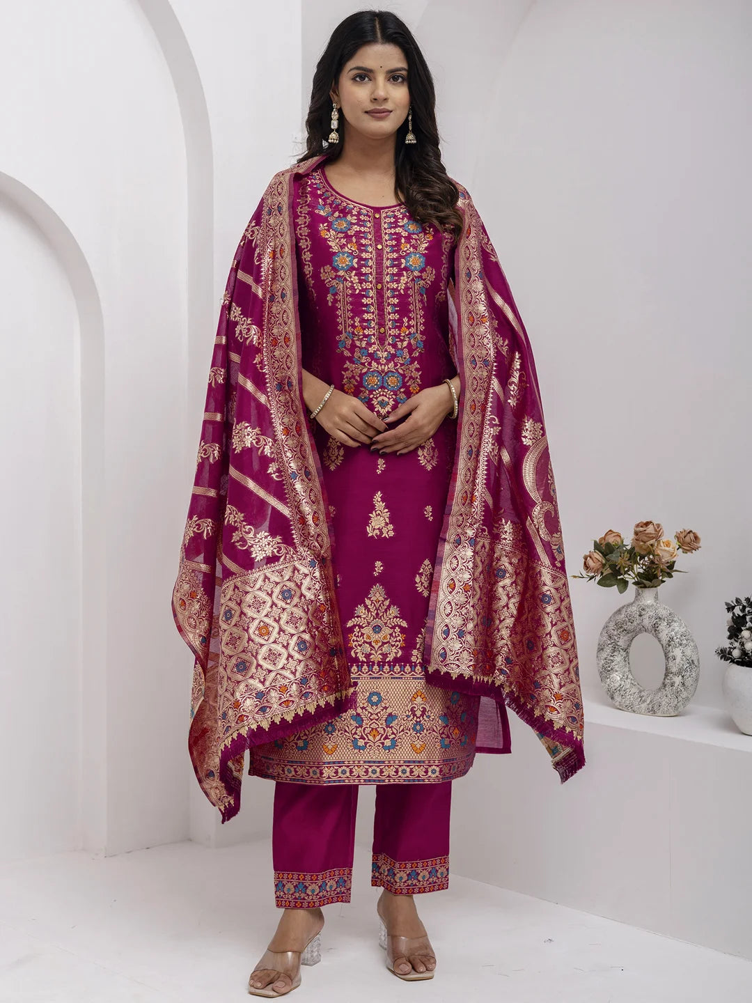 Exquisite Blush Pink Jacquard Silk Salwar Kameez for Weddings