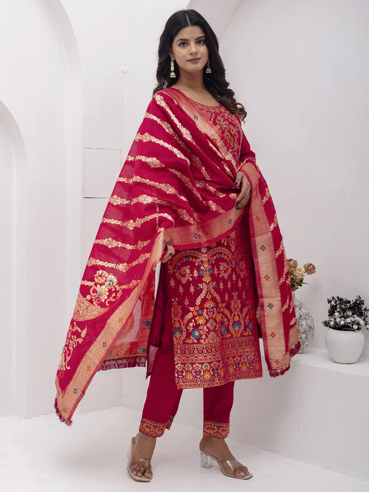 Stunning Bright Red Jacquard Silk Salwar Kameez for Special Occasions