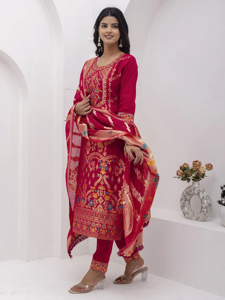 Stunning Bright Red Jacquard Silk Salwar Kameez for Special Occasions