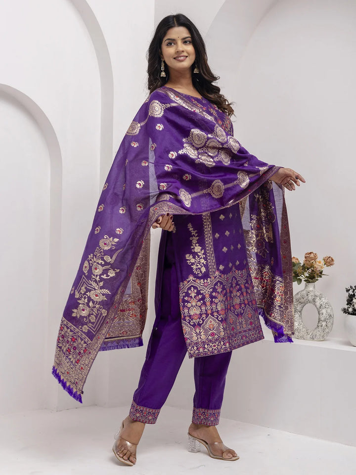 Timeless Violet Jacquard Silk Salwar Kameez with Intricate Work
