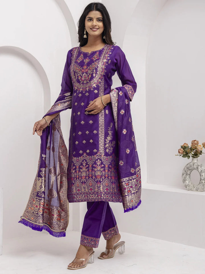 Timeless Violet Jacquard Silk Salwar Kameez with Intricate Work