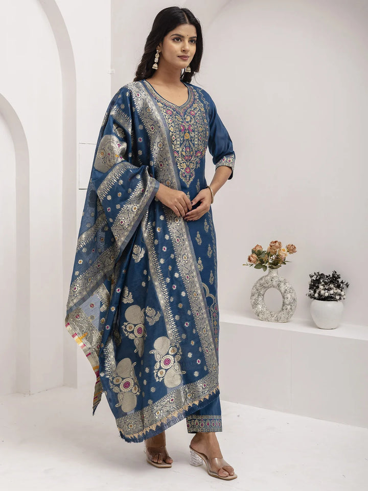 Glamorous Teal Blue Designer Salwar Kameez in Jacquard Silk