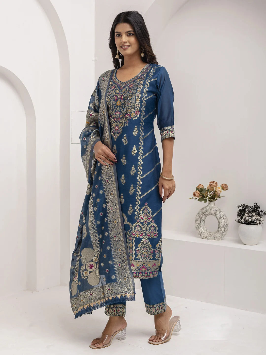 Glamorous Teal Blue Designer Salwar Kameez in Jacquard Silk