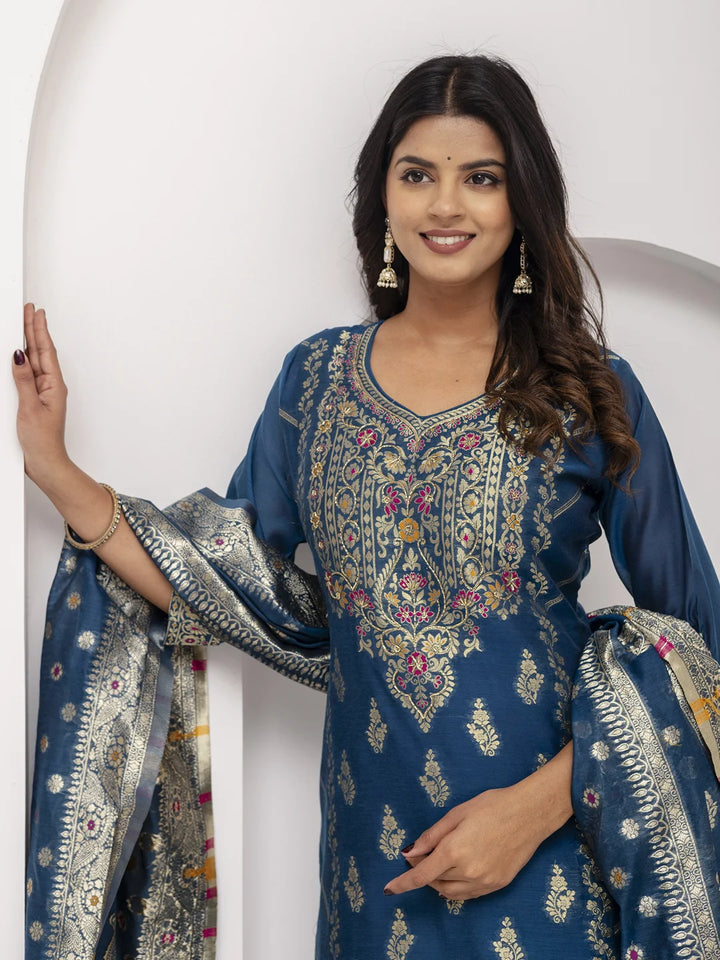 Glamorous Teal Blue Designer Salwar Kameez in Jacquard Silk
