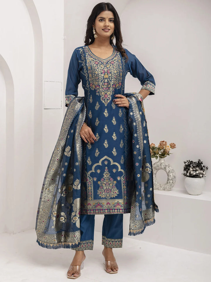 Glamorous Teal Blue Designer Salwar Kameez in Jacquard Silk
