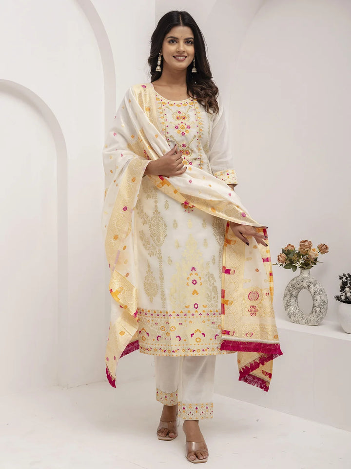 Royal White Ethnic Set in Jacquard Silk with Dupatta