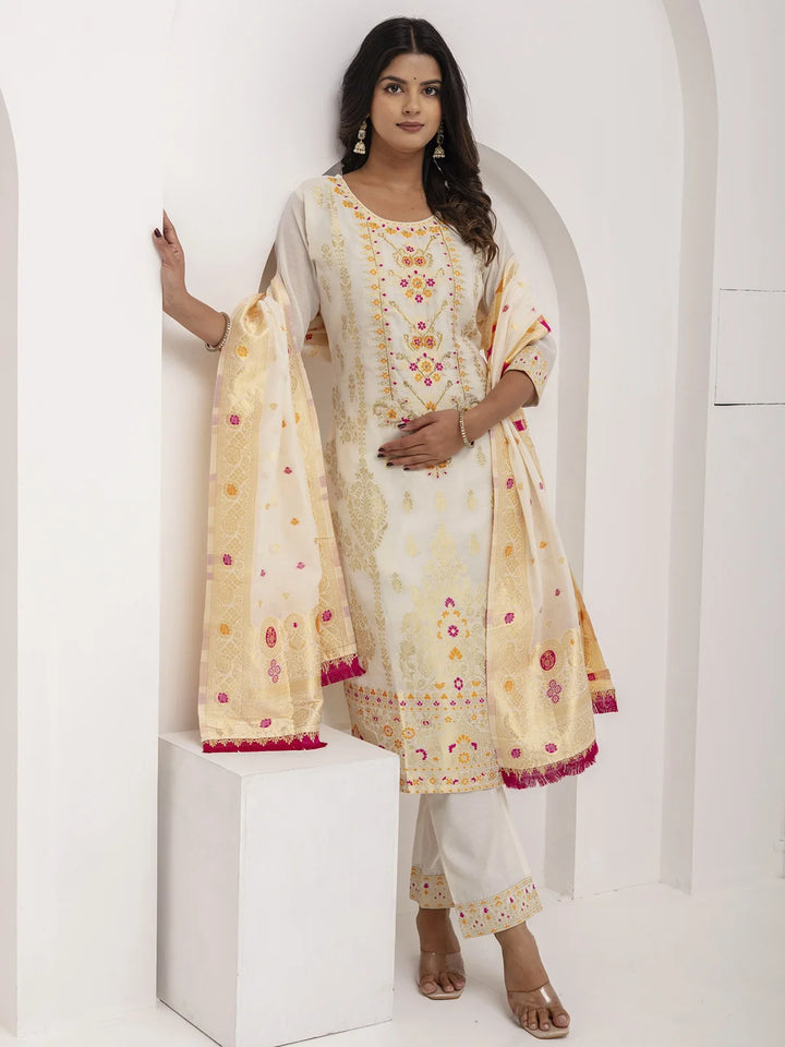 Royal White Ethnic Set in Jacquard Silk with Dupatta