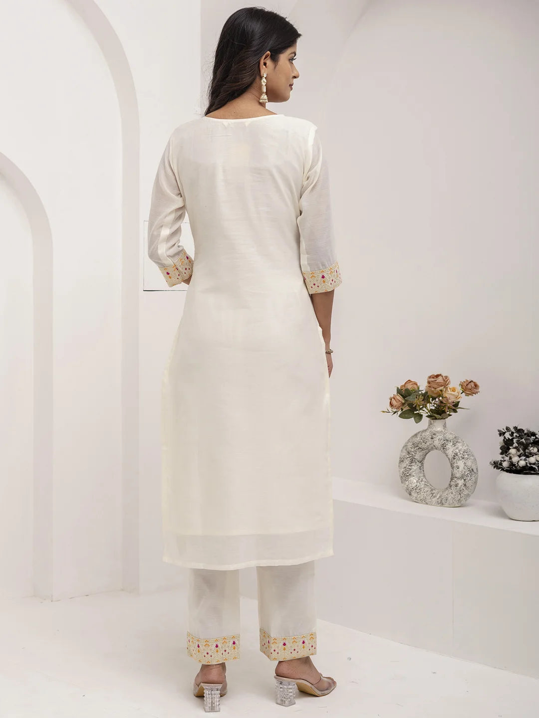 Royal White Ethnic Set in Jacquard Silk with Dupatta