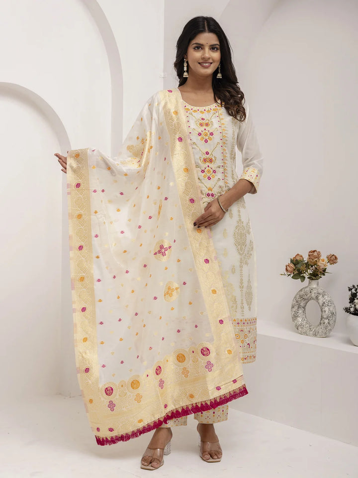 Royal White Ethnic Set in Jacquard Silk with Dupatta