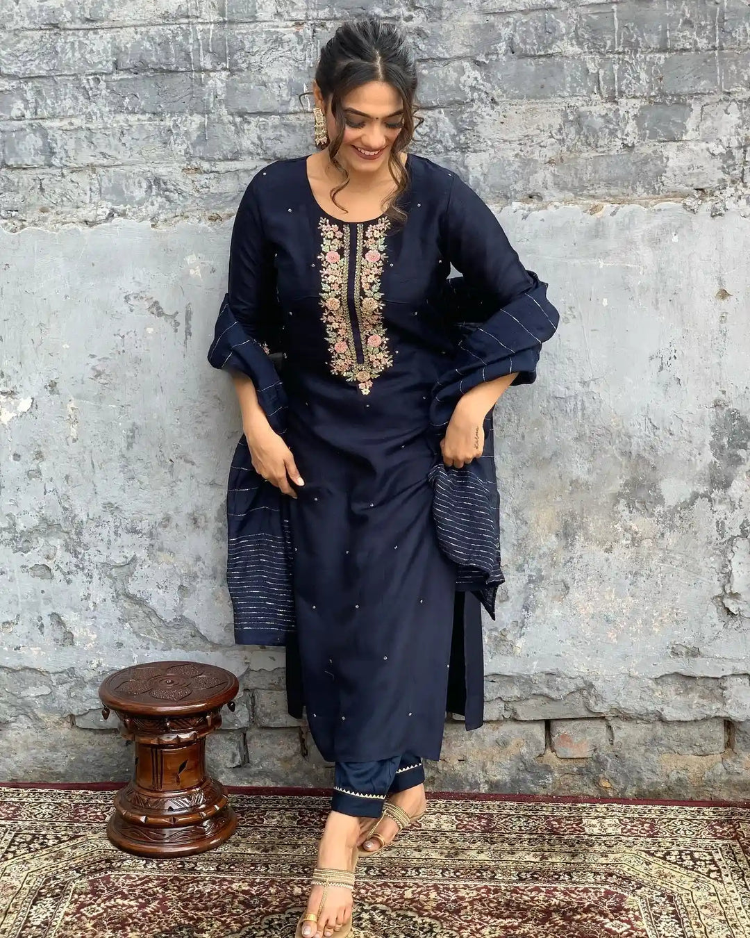 Stylish Navy Salwar Kameez Set with Rich Work
