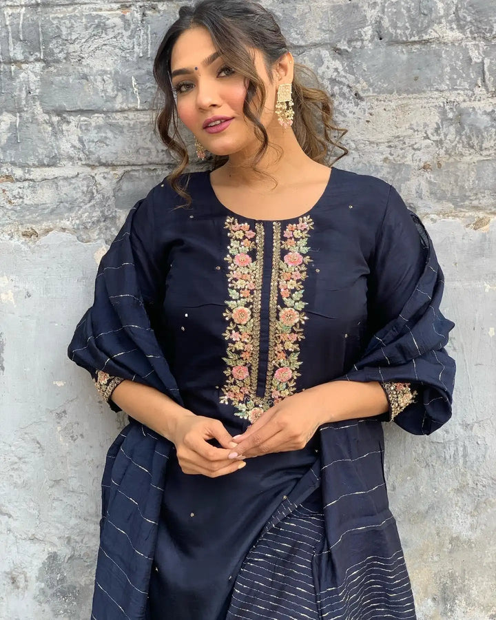 Stylish Navy Salwar Kameez Set with Rich Work