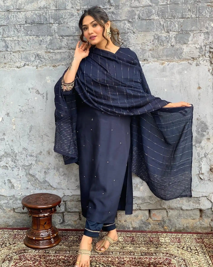 Stylish Navy Salwar Kameez Set with Rich Work