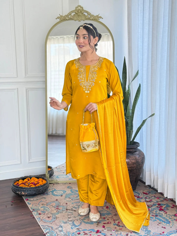 Chic Yellow Chanderi Salwar Kameez with Dupatta