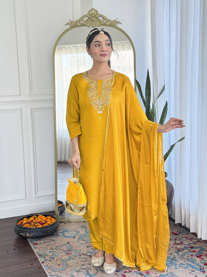 Chic Yellow Chanderi Salwar Kameez with Dupatta
