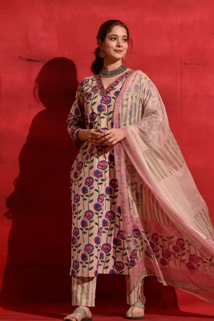 Elegant Pink Roman Slub Salwar Kameez with Kota Chex Dupatta