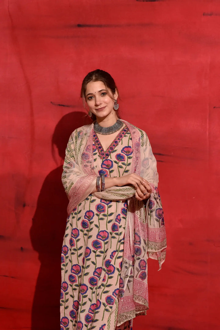 Elegant Pink Roman Slub Salwar Kameez with Kota Chex Dupatta