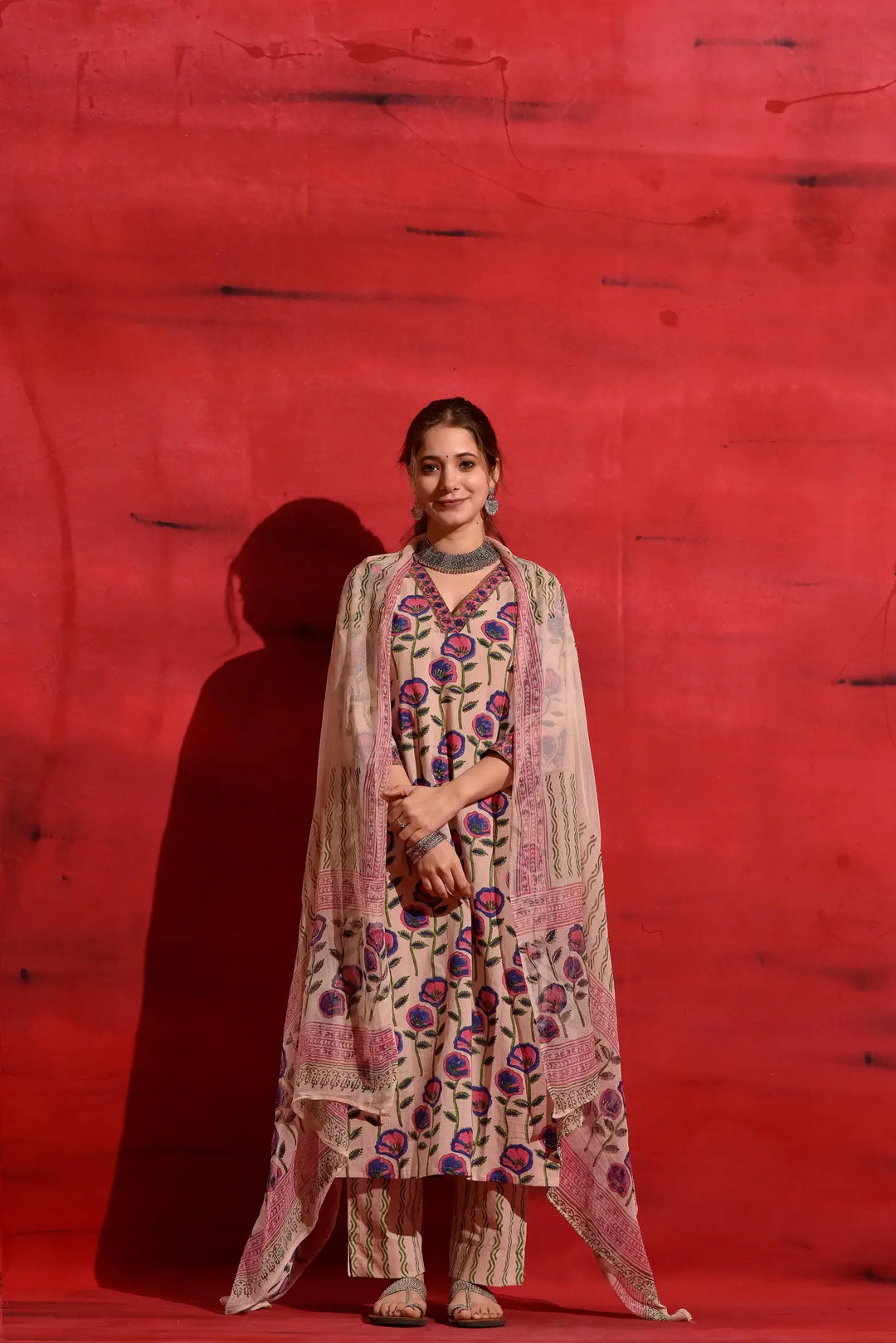 Elegant Pink Roman Slub Salwar Kameez with Kota Chex Dupatta
