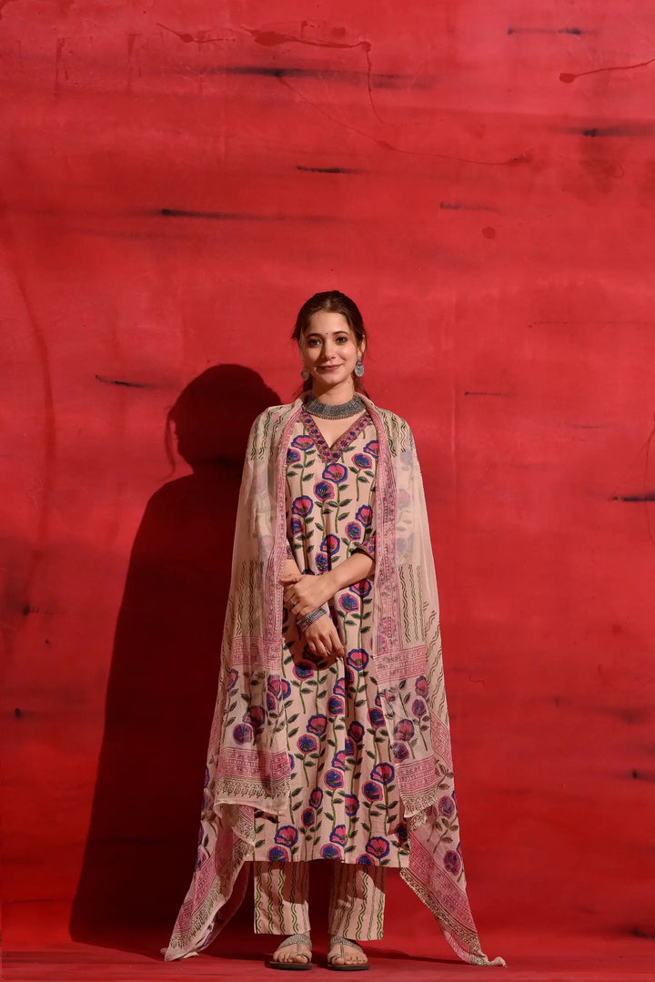 Elegant Pink Roman Slub Salwar Kameez with Kota Chex Dupatta