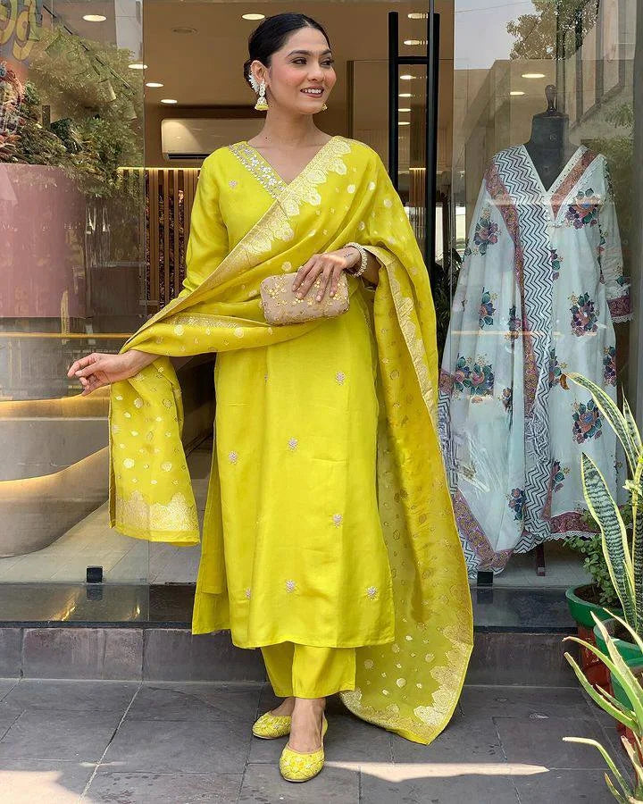 Exquisite Lemon Salwar Kameez Set with Jacquard Dupatta