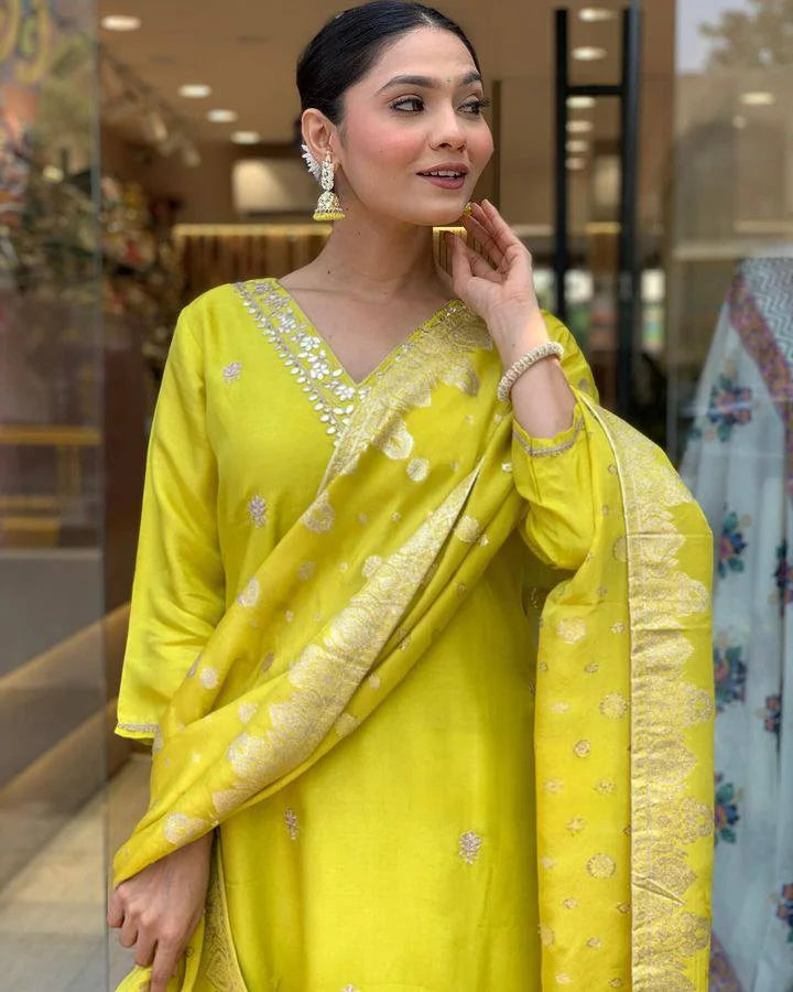 Exquisite Lemon Salwar Kameez Set with Jacquard Dupatta