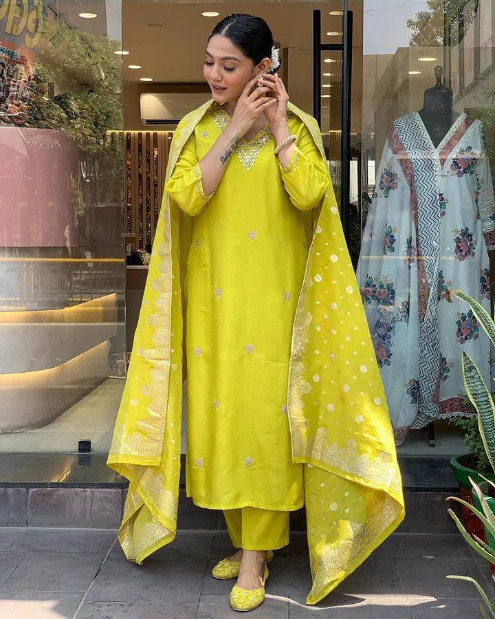 Exquisite Lemon Salwar Kameez Set with Jacquard Dupatta