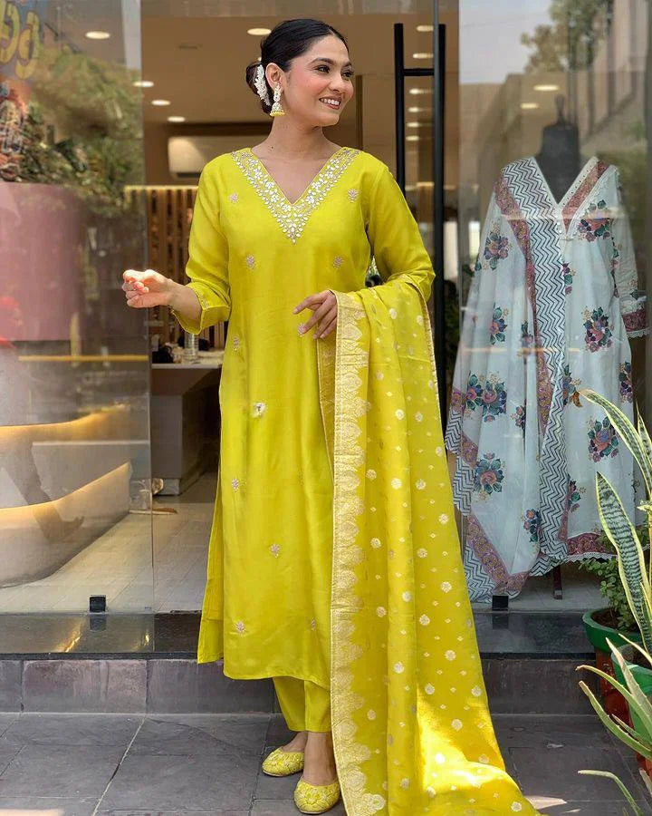 Exquisite Lemon Salwar Kameez Set with Jacquard Dupatta