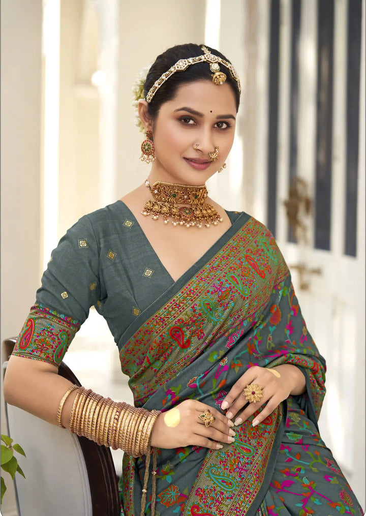 Luxurious Velvet Tussar Silk Saree with Floral Designer Blouse