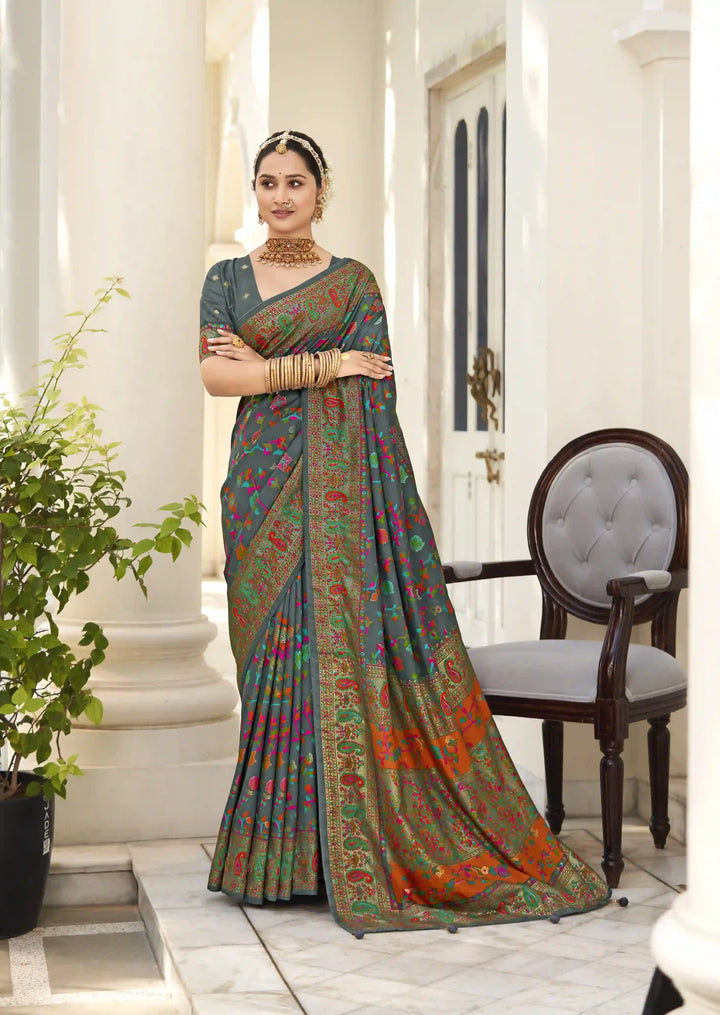 Luxurious Velvet Tussar Silk Saree with Floral Designer Blouse
