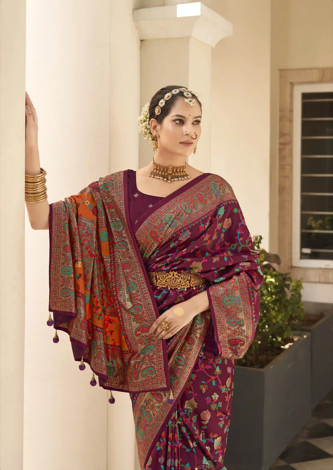 Luxurious Velvet Tussar Silk Saree with Floral Designer Blouse