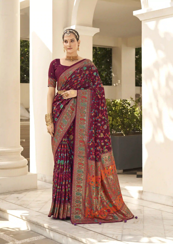 Luxurious Velvet Tussar Silk Saree with Floral Designer Blouse