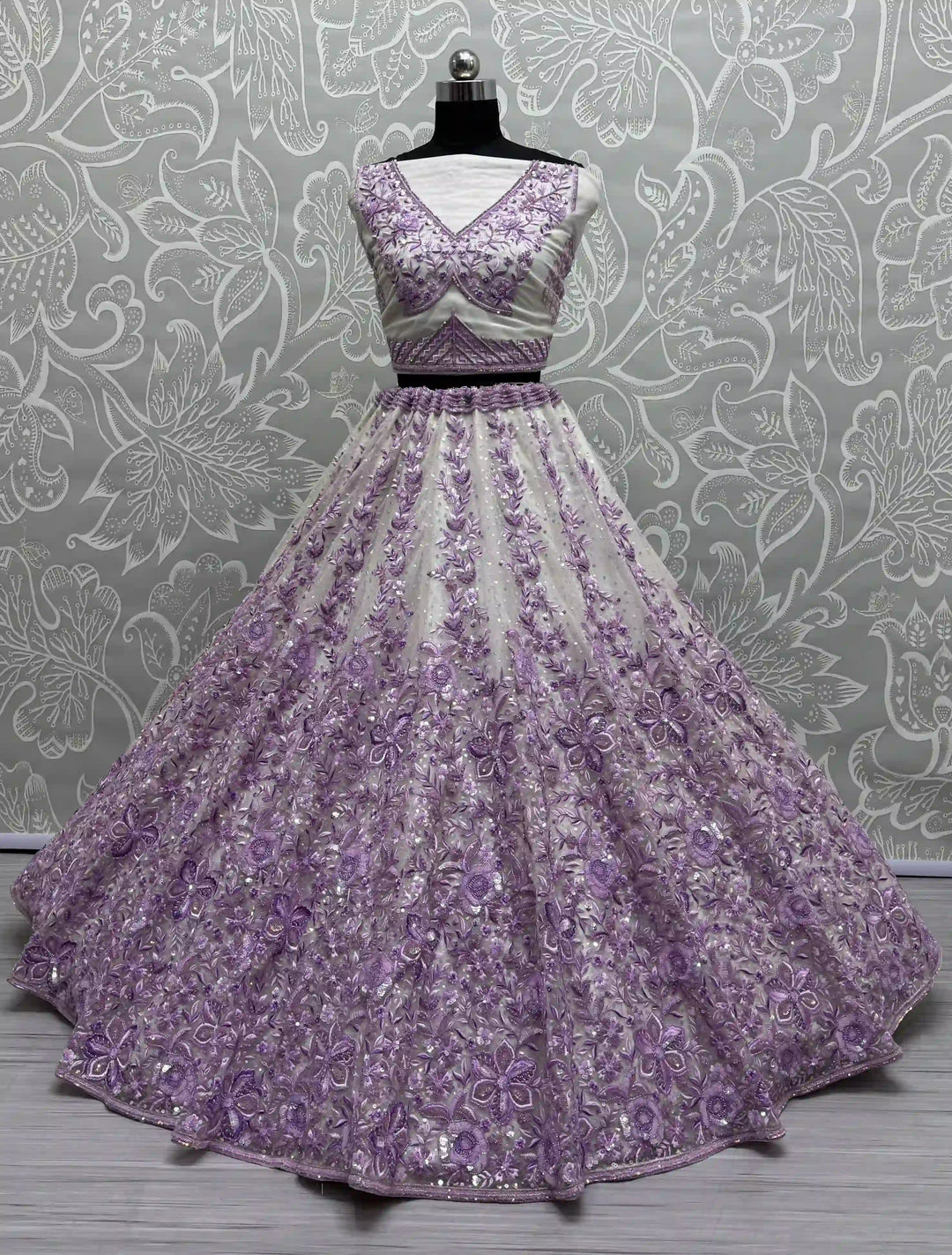 Glamorous Net Lehenga with Sequins and Floral Embroidery
