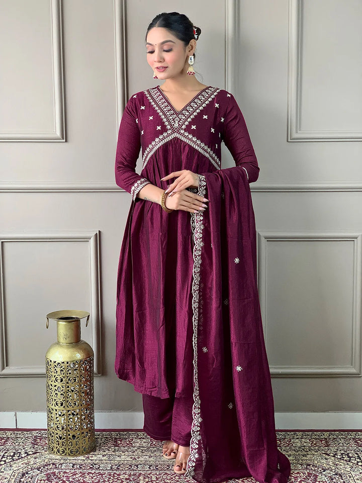 Vibrant Wine Vichitra Silk Set: Perfect for Special Occasions