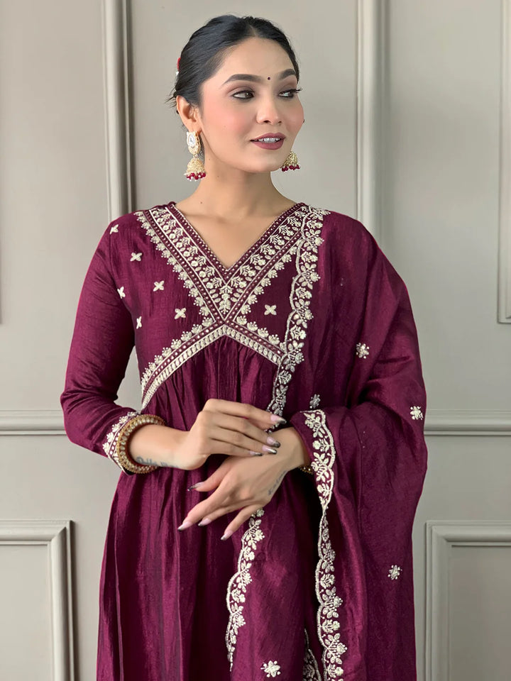 Vibrant Wine Vichitra Silk Set: Perfect for Special Occasions