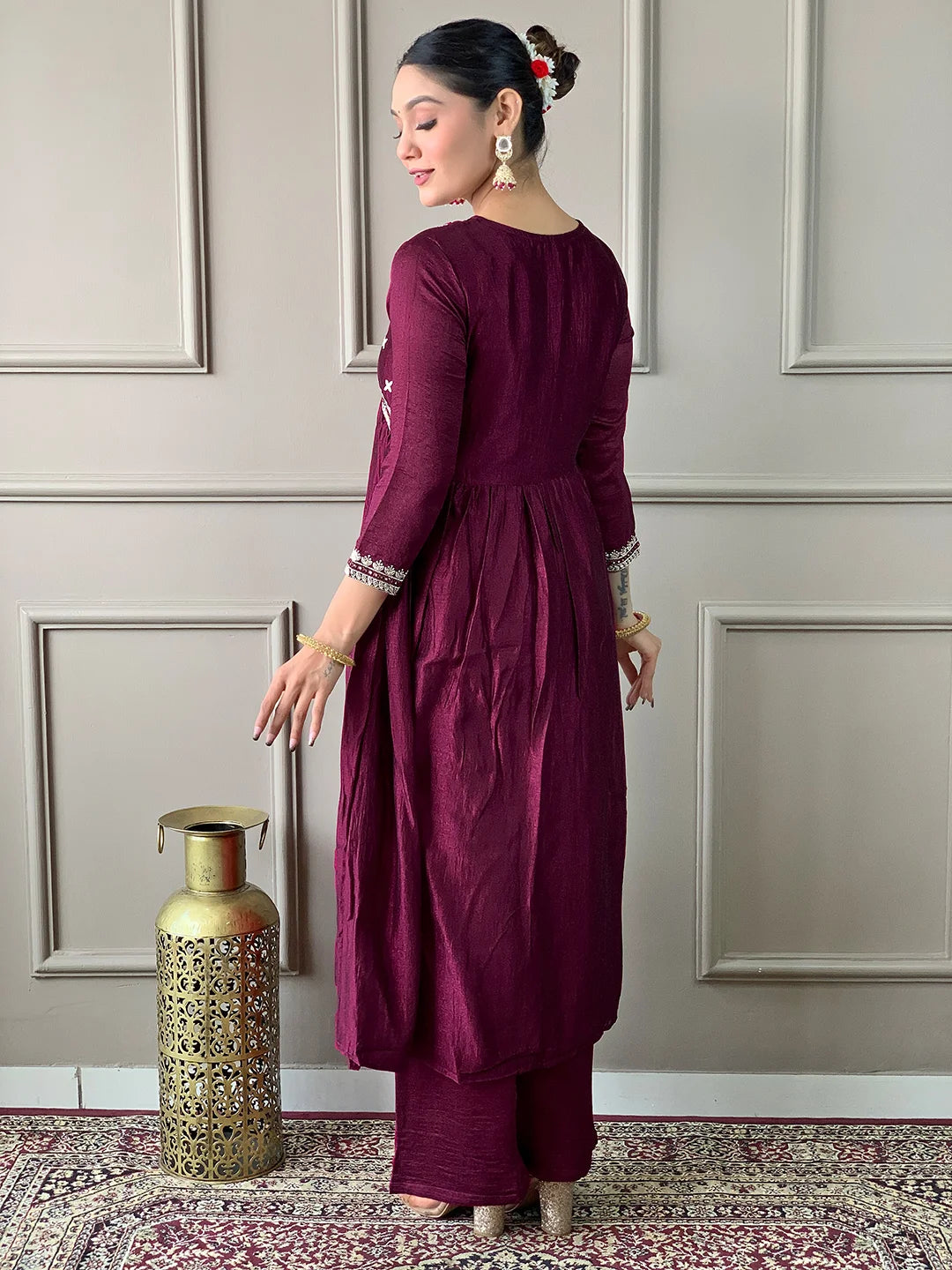 Vibrant Wine Vichitra Silk Set: Perfect for Special Occasions