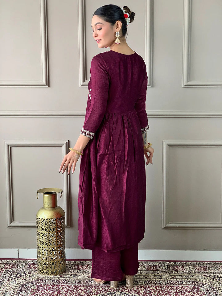 Vibrant Wine Vichitra Silk Set: Perfect for Special Occasions