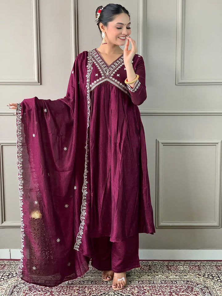 Vibrant Wine Vichitra Silk Set: Perfect for Special Occasions