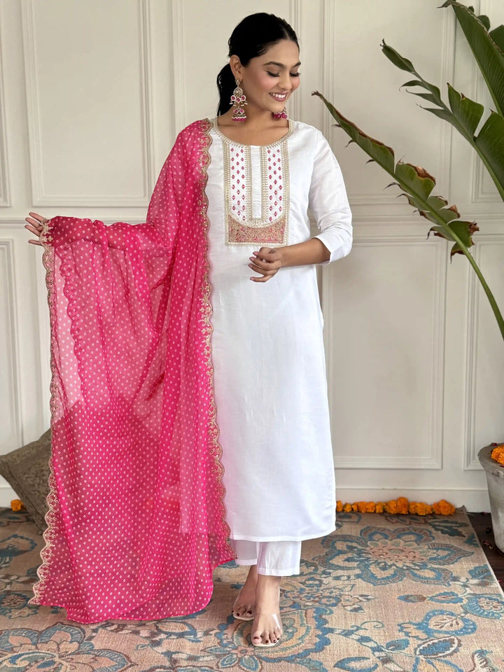 Celebrate in Style with this Embroidered White Rayon Top & Silk Dupatta
