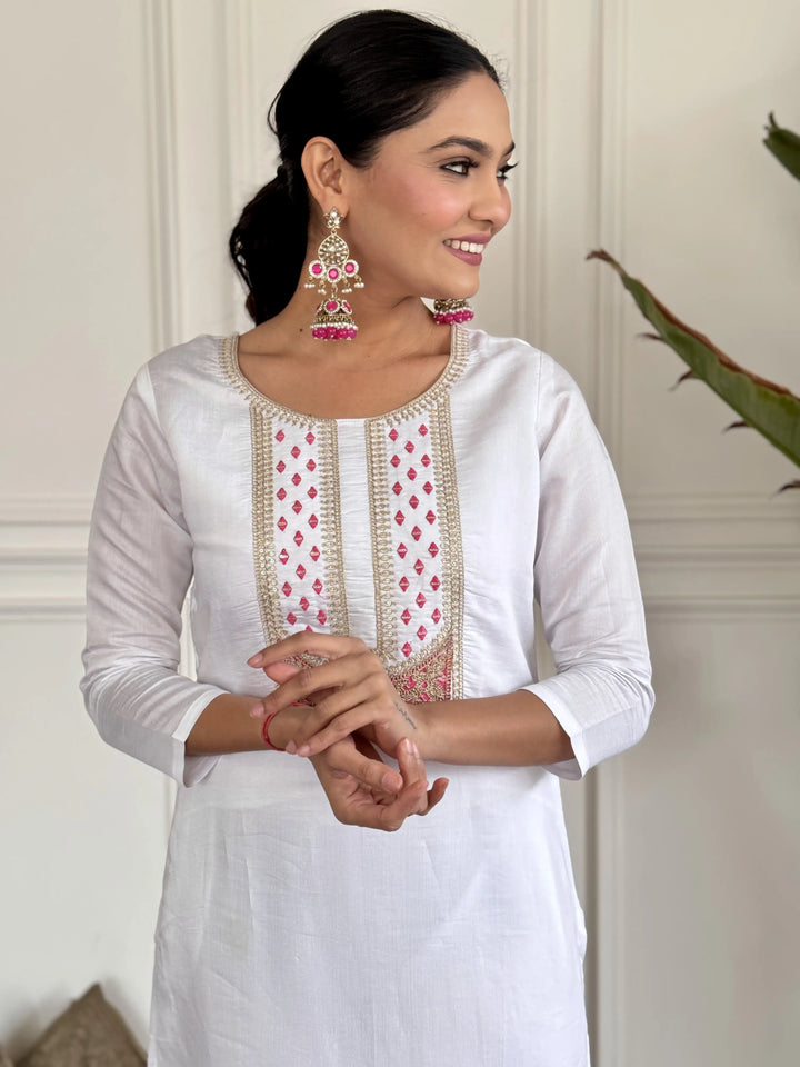 Celebrate in Style with this Embroidered White Rayon Top & Silk Dupatta
